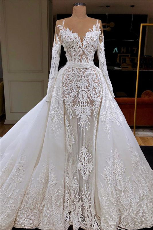 Glamorous Long Sleeve Mermaid Lace Wedding Dress with Detachable Skirt BM bride