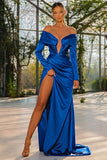 Royal Blue Prom Dress Off-the-Shoulder Long Sleeves with High Slit BM bride