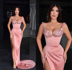 Beautiful Pink Prom Dress Sequins Spaghetti Strap With Slit Satin