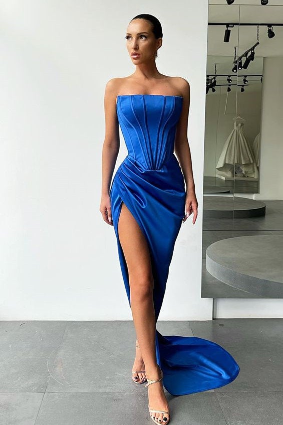 Strapless Long Prom Dress Split Evening Party Gowns BM bride