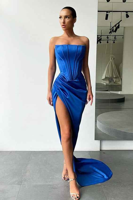 Strapless Sleeveless High Split Long Prom Dress With Pleated