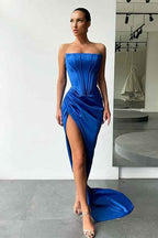 Strapless Sleeveless High Split Long Prom Dress With Pleated