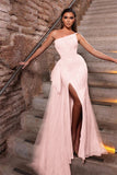 Dusty Pink One Shoulder Ruffle Beadings Mermaid Prom Dress with Split and Tulle BM bride