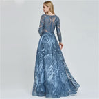 Elegant Ink Blue Long Sleeve Prom Dress, Sequin Applique A-Line BM bride