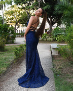 Navy Blue Lace Mermaid Evening Dress BM bride