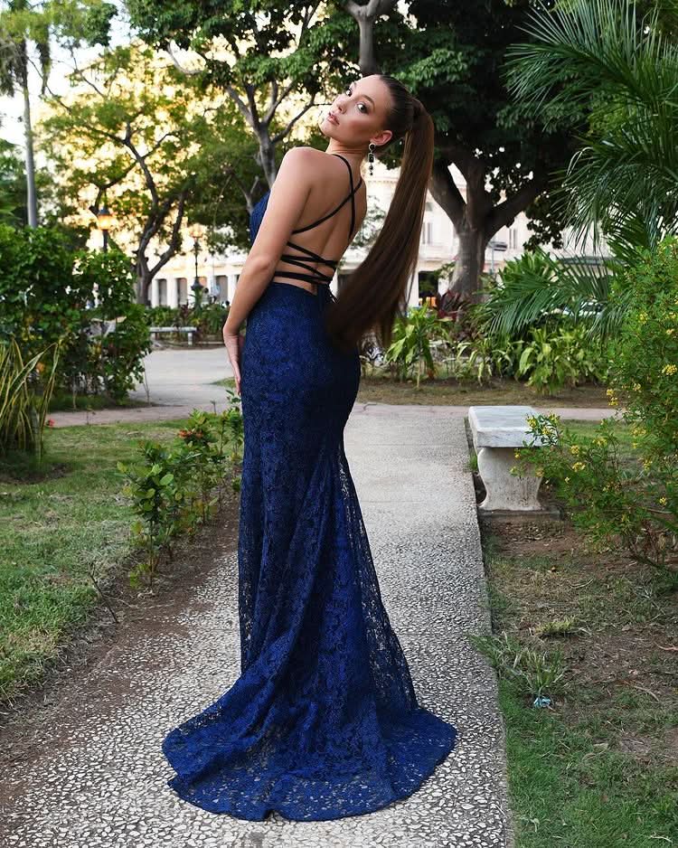 Navy Blue Lace Mermaid Evening Dress BM bride