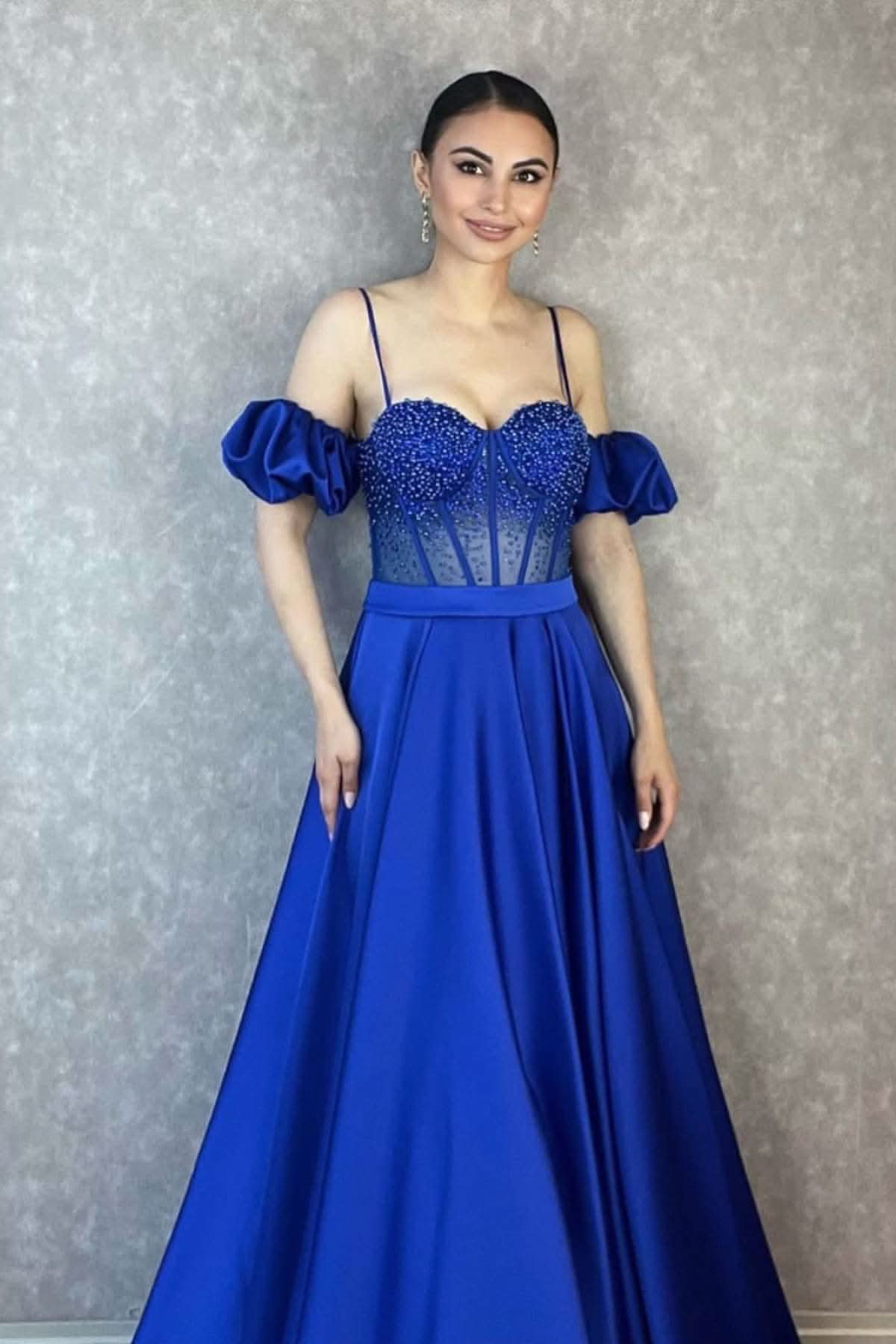Off-the-Shoulder Spaghetti-Strap Evening Dress with Beadings BM bride