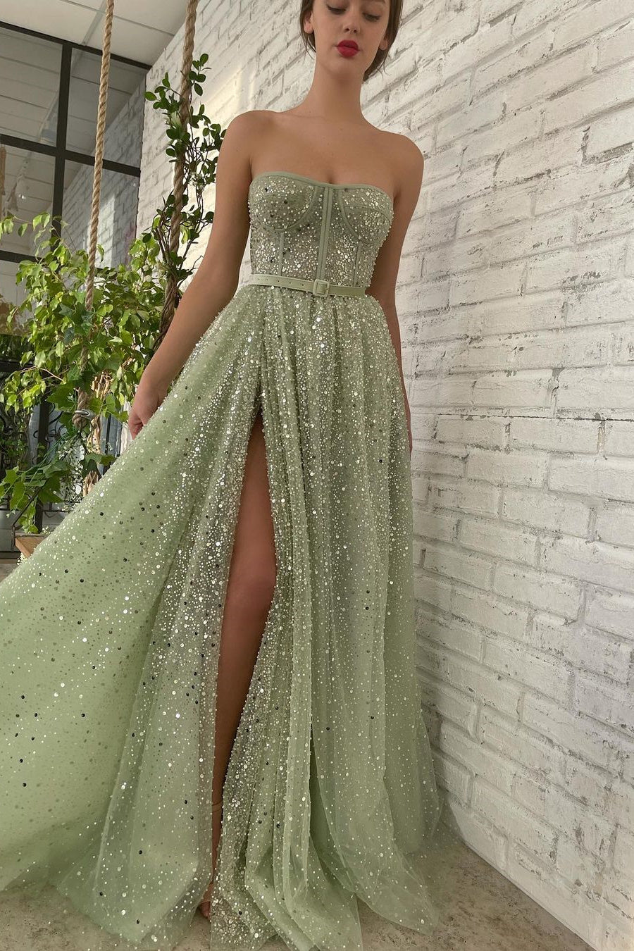 Sage Strapless A Line Prom Dress High Split Long With Sequins Belt