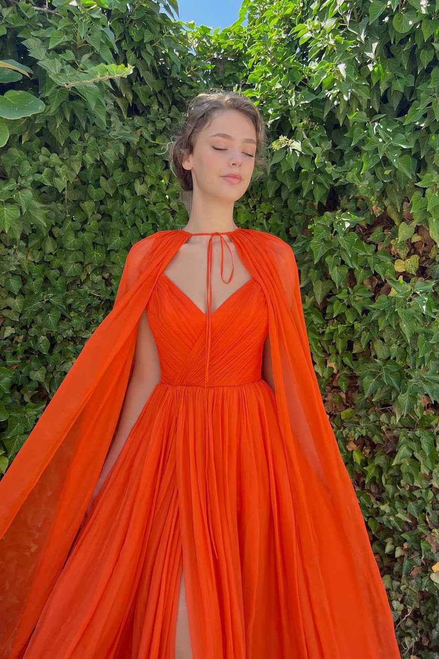 Gorgeous Orange Long A Line Tulle Side Split Prom Dress With Cape