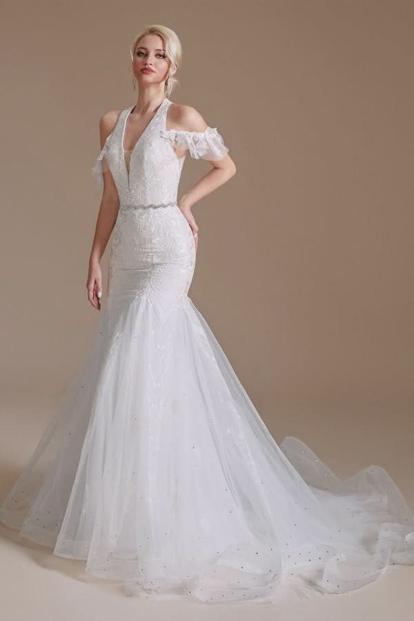 Elegant Long Mermaid Halter Tulle Floor-Length Wedding Dress with Lace Appliques BM bride