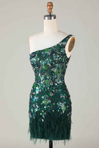 Sparkly Dark Green Tight Short Beaded Homecoming Dress with Feathers Bmbride
