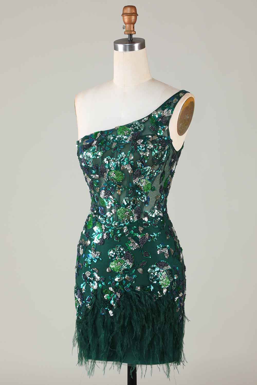 Sparkly Dark Green Tight Short Beaded Homecoming Dress with Feathers Bmbride