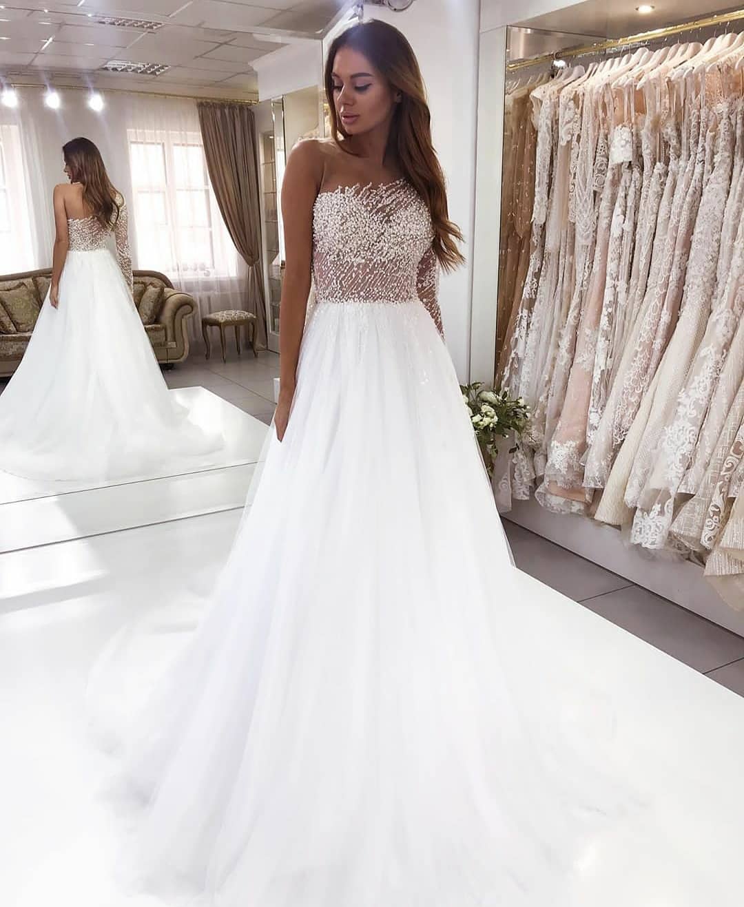 A-Line Bateau Long Sleeve Floor-Length Wedding Dress with Pearl Lace BM bride