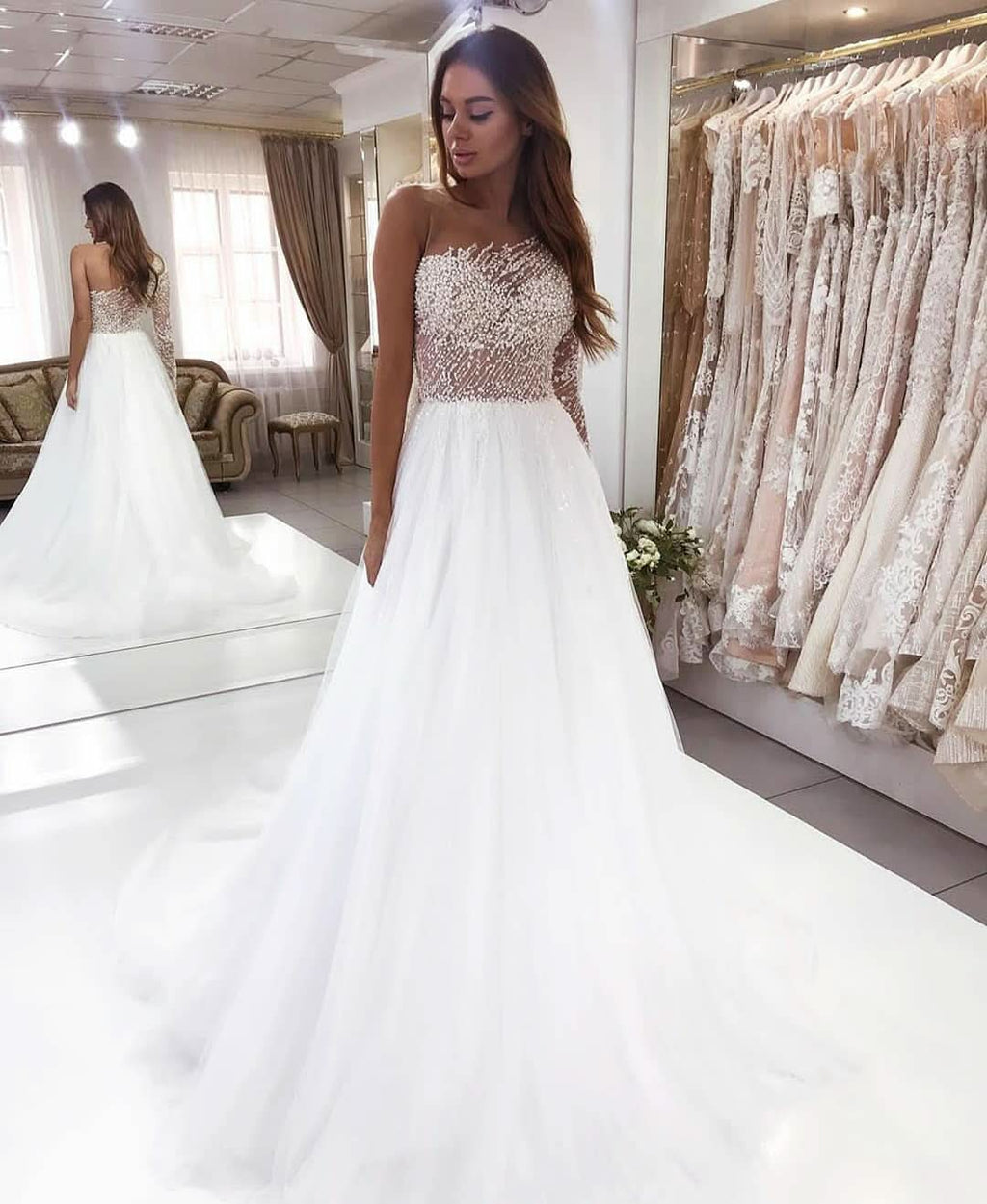 A-Line Bateau Long Sleeve Floor-Length Wedding Dress with Pearl Lace BM bride