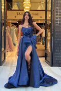 Chic Navy Blue Strapless Sleeveless Long Split Prom Dress With Bowknot