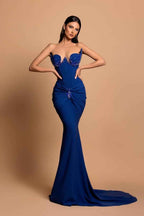 Chic Royal Blue Strapless Sleeveless Mermaid Long Prom Dress With Beadings