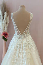Classy Sweetheart Backless A-Line Floor-Length Tulle Wedding Dress with Lace Appliques BM bride