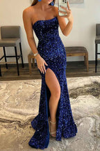 Mermaid Royal Blue Sequin Strapless Prom Dress