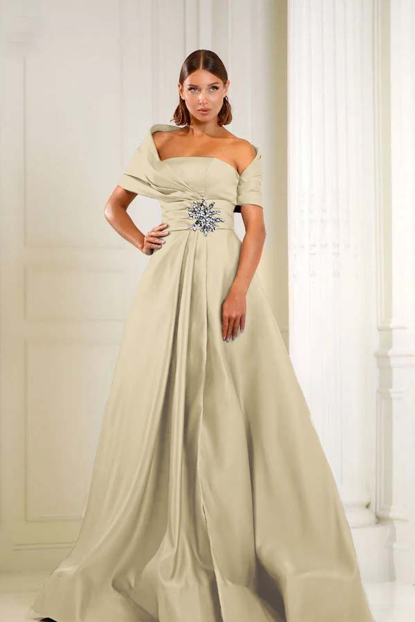 Off the Shoulder Sleeveless Long Prom Dress With Pleated Beading BMBRIDE