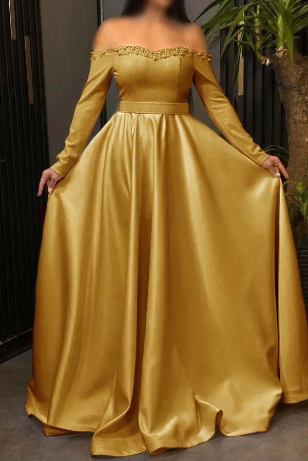Off the Shoulder Long Sleeves Long Prom Dress With Pleated Beading BMBRIDE