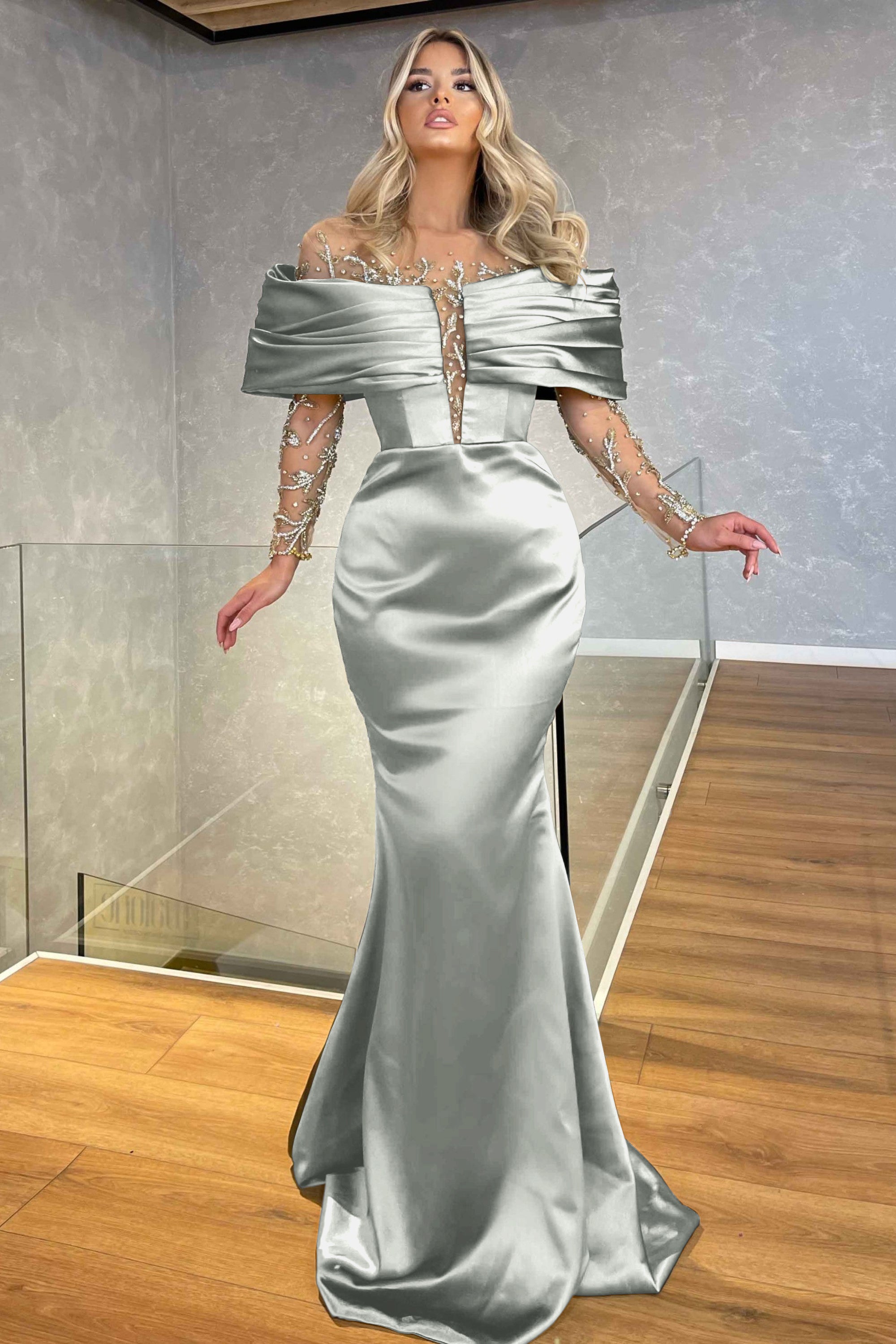 Green Prom Dress Off the Shoulder Long Sleeves Beading Embellished BMBRIDE