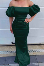 Ocean Blue Off the Shoulder Bubble Sleeves Mermaid Prom Dress With Pleated
