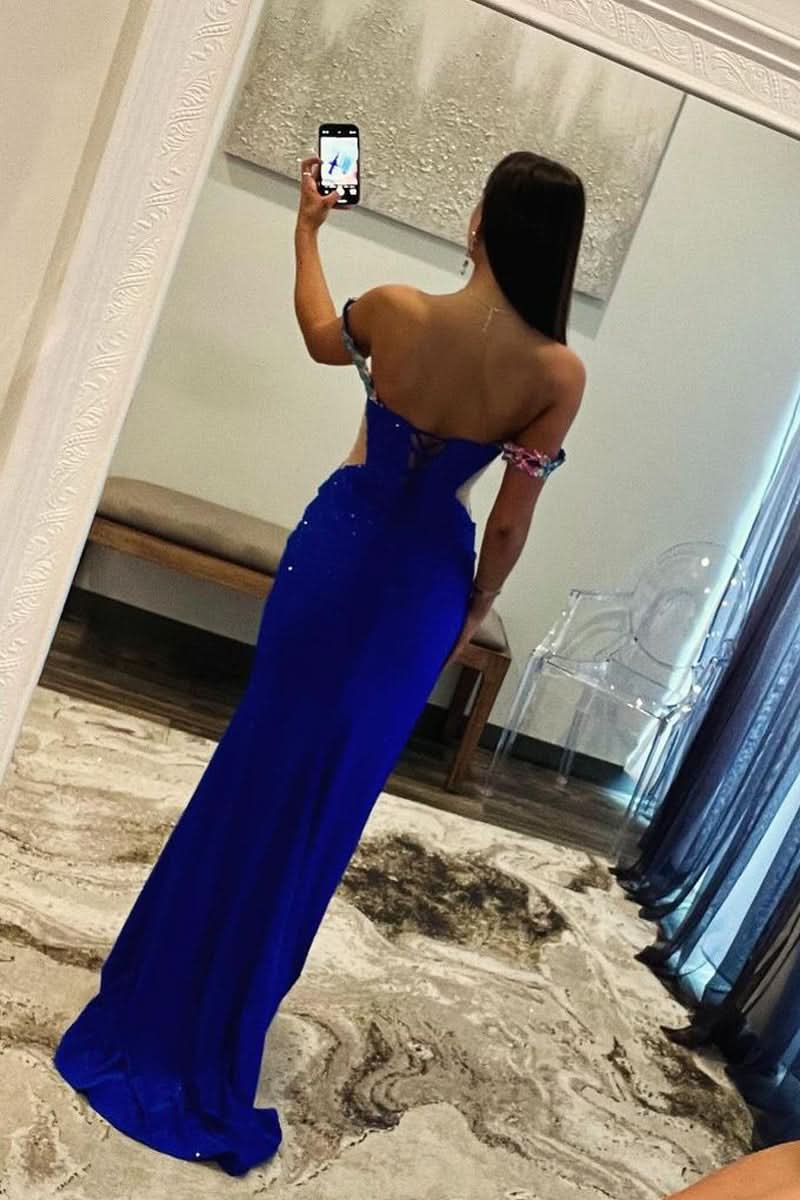 Exquisite Royal Blue Off-the-Shoulder Beaded Long Prom Dress with Beautiful Appliques BM bride