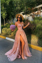 Pink Strapless Sweetheart Sleeveless Long Split Prom Dress With Appliques