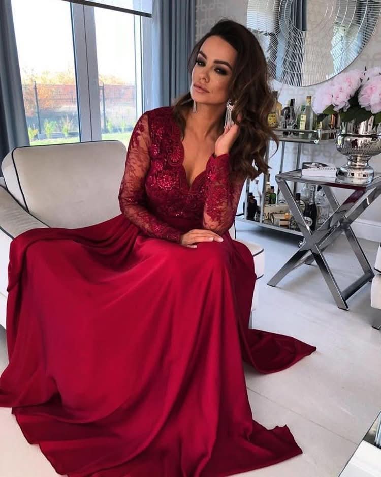 Long Sleeve V-Neck Lace Prom Dress with Slit BM bride