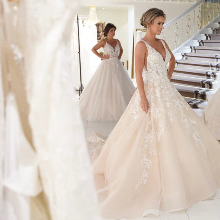 Sexy A-Line Deep V-Neck Spaghetti Strap Floor-Length Backless Wedding Dress with Lace Appliques BM bride