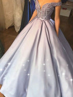 BMbride Ball Gown Beading Satin Off-the-Shoulder Sleeveless Floor-Length Prom Dresses BMbride