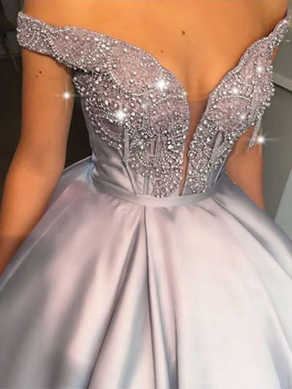BMbride Ball Gown Beading Satin Off-the-Shoulder Sleeveless Floor-Length Prom Dresses BMbride
