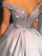 BMbride Ball Gown Beading Satin Off-the-Shoulder Sleeveless Floor-Length Prom Dresses BMbride
