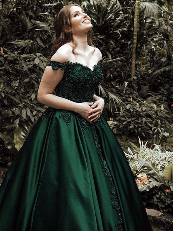 BMbride Ball Gown Off-the-Shoulder Sleeveless Floor-Length Lace Satin Prom Dresses BMbride