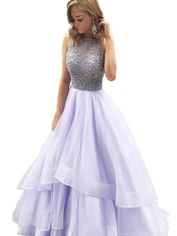 BMbride Ball Gown Scoop Sleeveless Floor-Length Beading Organza Prom Dresses BMbride