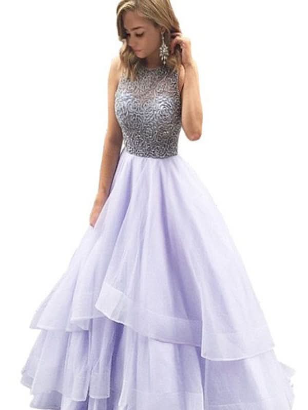 BMbride Ball Gown Scoop Sleeveless Floor-Length Beading Organza Prom Dresses BMbride