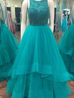 BMbride Ball Gown Scoop Sleeveless Floor-Length Beading Organza Prom Dresses BMbride