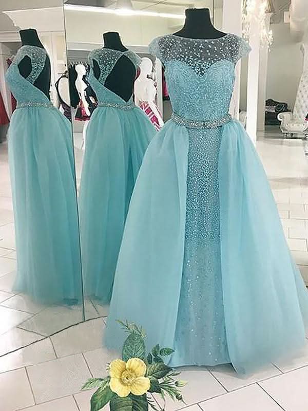 Ball Gown Sleeveless Bateau Beading Floor-Length Tulle Prom Dresses BM bride