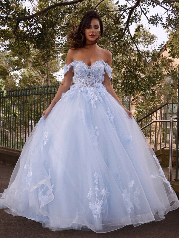 BMbride Ball Gown Tulle Applique Off-the-Shoulder Sleeveless Prom Dresses BMbride