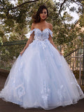 BMbride Ball Gown Tulle Applique Off-the-Shoulder Sleeveless Prom Dresses BMbride