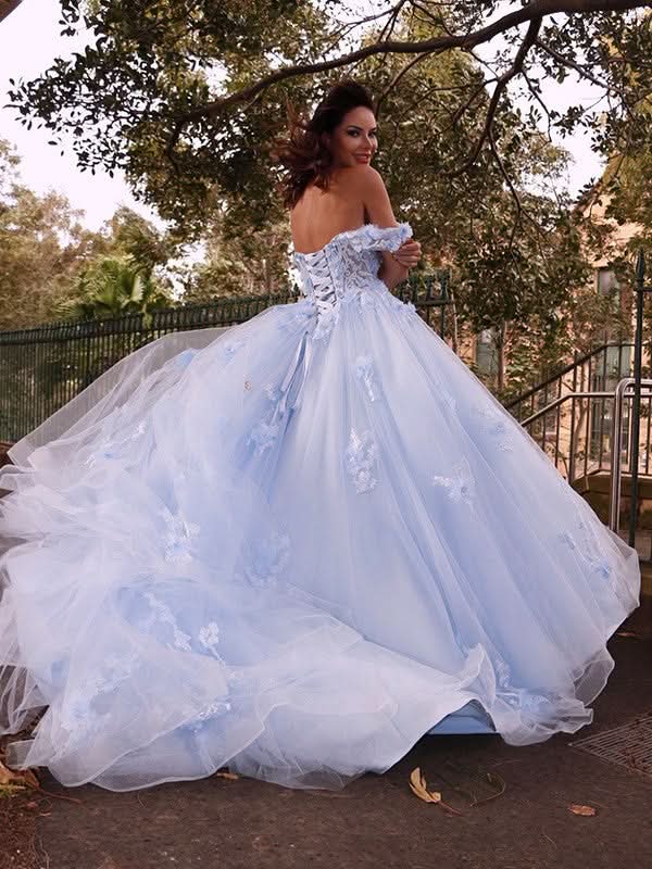 BMbride Ball Gown Tulle Applique Off-the-Shoulder Sleeveless Prom Dresses BMbride