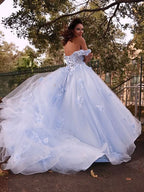 BMbride Ball Gown Tulle Applique Off-the-Shoulder Sleeveless Prom Dresses BMbride