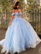 BMbride Ball Gown Tulle Applique Off-the-Shoulder Sleeveless Prom Dresses BMbride