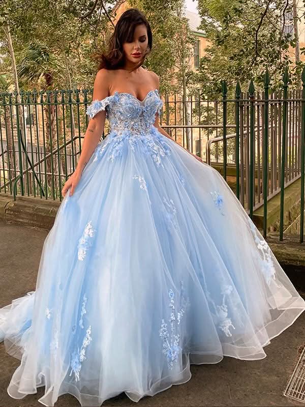 BMbride Ball Gown Tulle Applique Off-the-Shoulder Sleeveless Prom Dresses BMbride