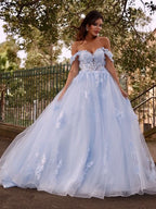 BMbride Ball Gown Tulle Applique Off-the-Shoulder Sleeveless Prom Dresses BMbride