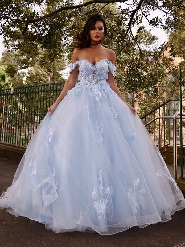 BMbride Ball Gown Tulle Applique Off-the-Shoulder Sleeveless Prom Dresses BMbride