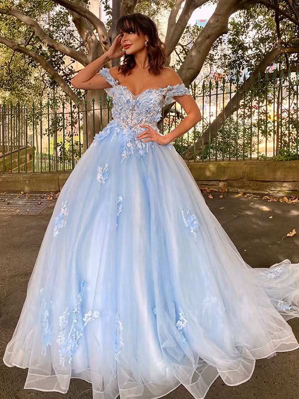BMbride Ball Gown Tulle Applique Off-the-Shoulder Sleeveless Prom Dresses BMbride
