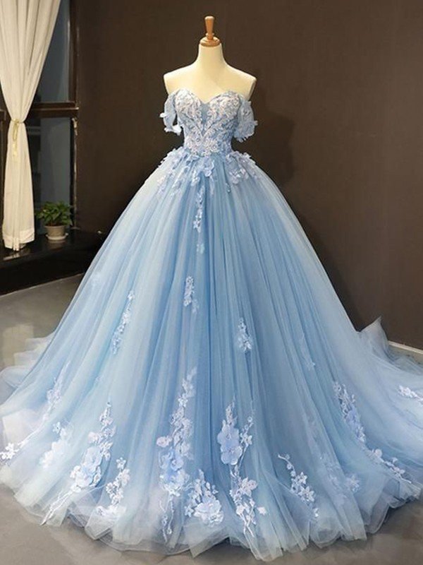 Ball Gown Tulle Off-the-Shoulder Sleeveless Applique Prom Gowns BM bride