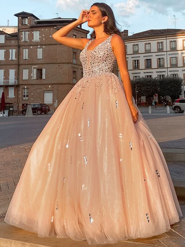 BMbride Ball Gown Tulle V-neck Beading Sleeveless Floor-Length Prom Dresses BMbride