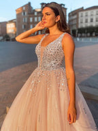BMbride Ball Gown Tulle V-neck Beading Sleeveless Floor-Length Prom Dresses BMbride